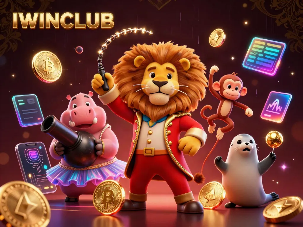 Join the vibrant IWINCLUB scene filled with lively characters, crypto elements, and exciting gaming energy.