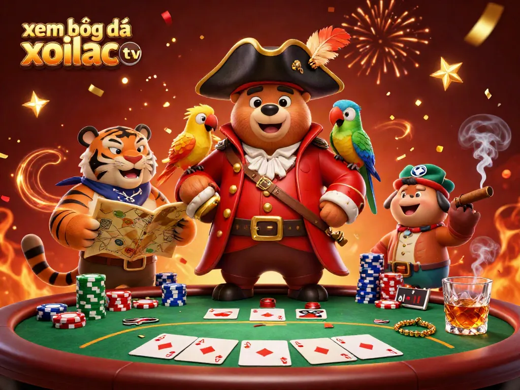 Experience xem bóng đá xoilac tv with a vibrant pirate theme, featuring animated characters and dynamic poker elements.