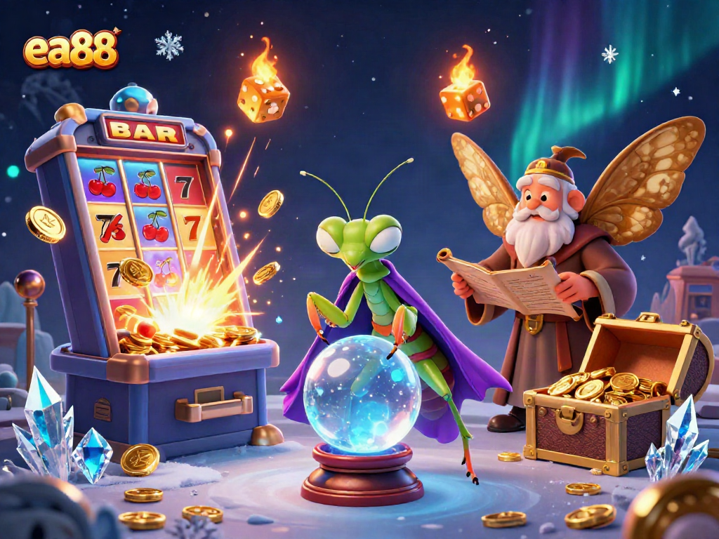 Play exciting games at ea88, featuring a vibrant 3D scene of a fortune teller and thrilling jackpot action.