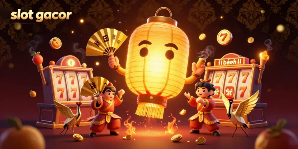 Experience the excitement of playing slot gacor in a vibrant casino scene filled with lucky symbols and golden lanterns.