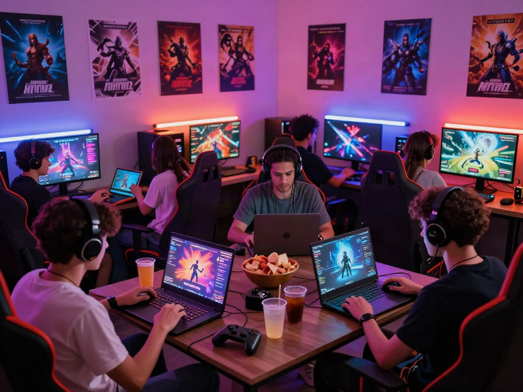 Group of friends enjoying html porn games in a vibrant gaming lounge, neon lights enhancing the atmosphere.