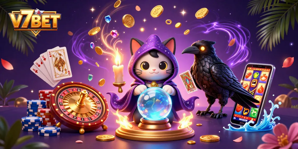 Players enjoy vibrant gaming with V7BET featuring slots, chips, and mystical elements.