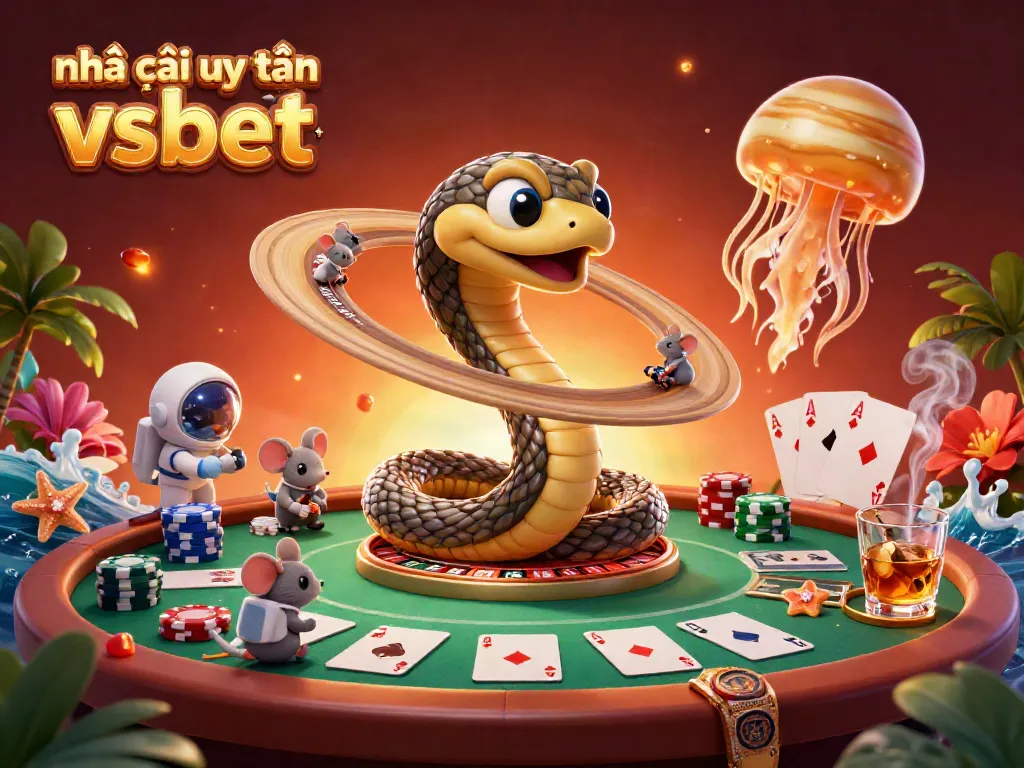 Experience the thrill of betting at nhà cái uy tín vsbet in a dynamic cosmic casino scene with characters and poker elements.