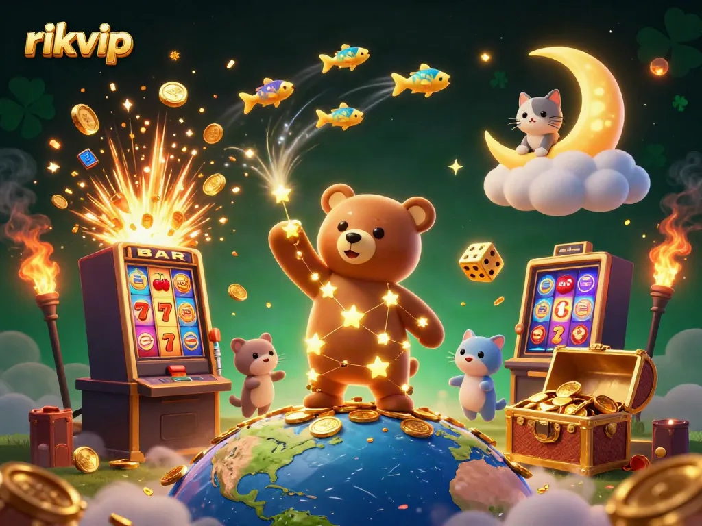 Experience the excitement of rikvip with a vibrant casino-themed 3D scene filled with gold and gaming elements.