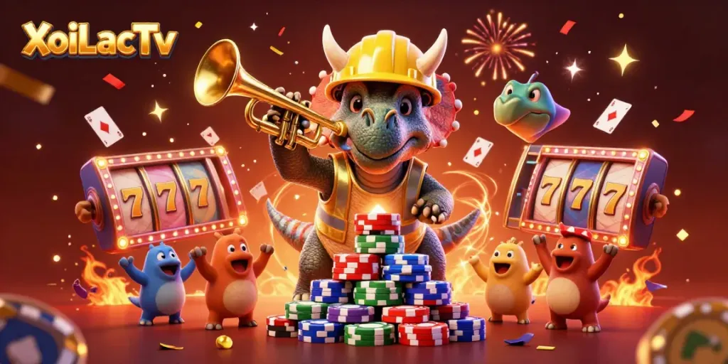 Engage with XoiLacTv and celebrate winnings as a triceratops builds poker chip towers.