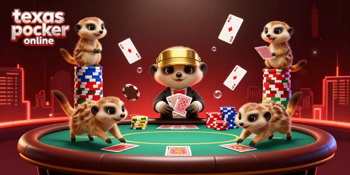 Join the excitement of texas poker online with lively meerkats managing a dynamic poker table in a vibrant casino scene.