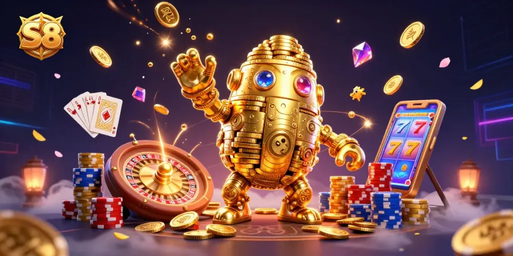 Spin to win at S8 with a vibrant casino scene featuring dynamic characters and rich gaming elements.