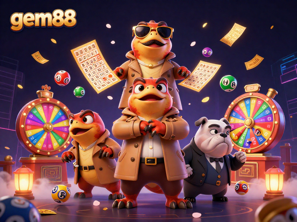 gem88 brings festive lottery excitement with raptors and a bulldog bouncer in a vivid casino scene