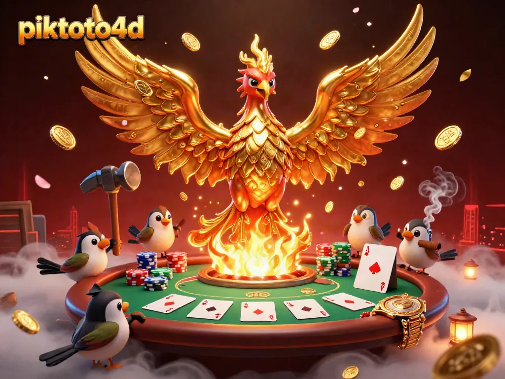 Experience thrilling gameplay with piktoto4d's dynamic 3D illustration of a golden phoenix and poker elements.