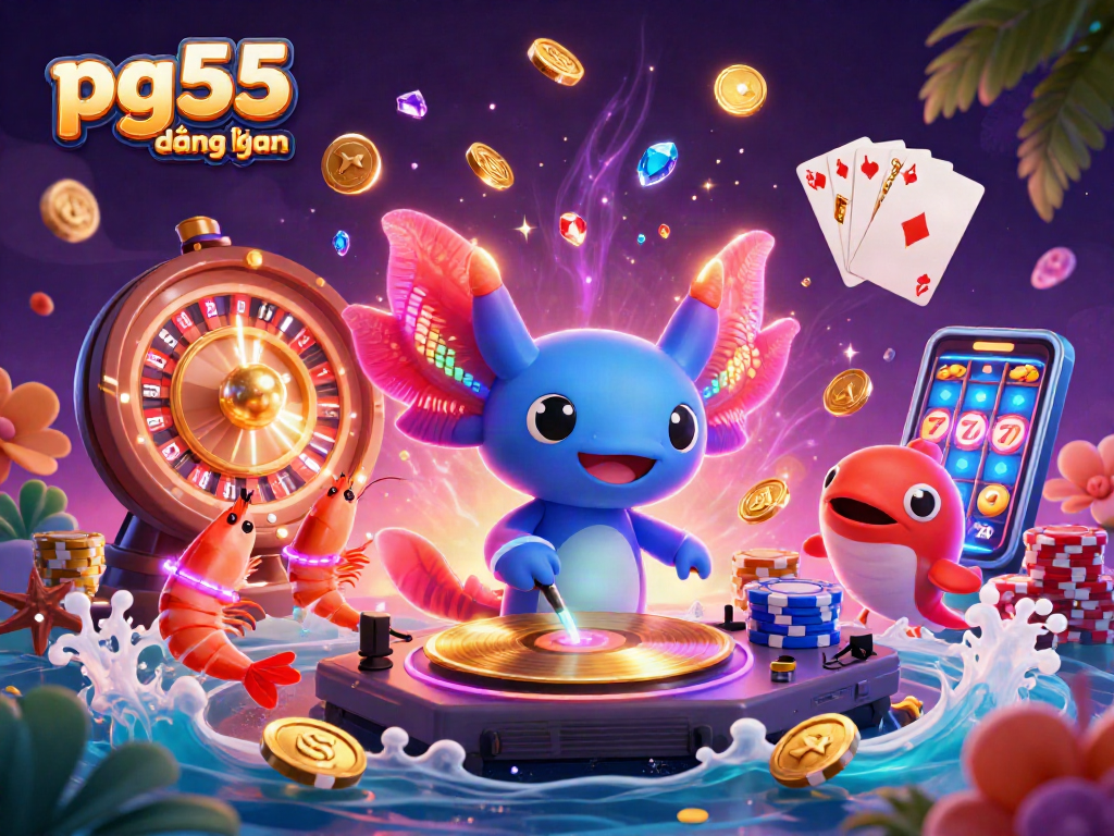Play exciting casino games with pg55 đăng nhập; vibrant 3D illustration of a DJ axolotl and friends promoting fun.
