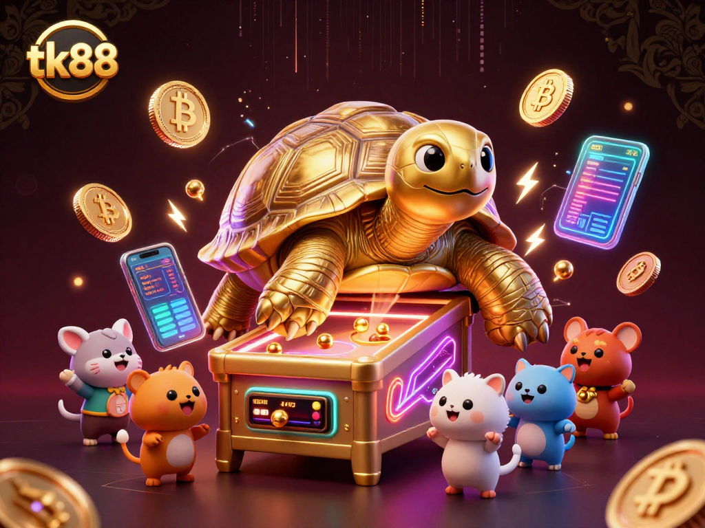 Experience the excitement of tk88 with a colossal tortoise pinball casino scene filled with cryptocurrency elements.