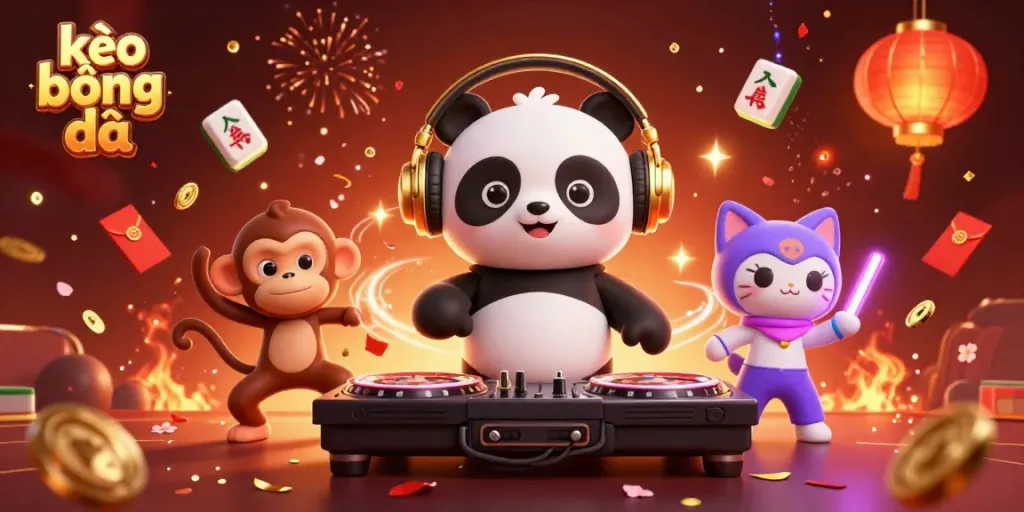 Engaging scene of kèo bóng đá themed illustration with a DJ panda, dancing monkey, and vibrant elements