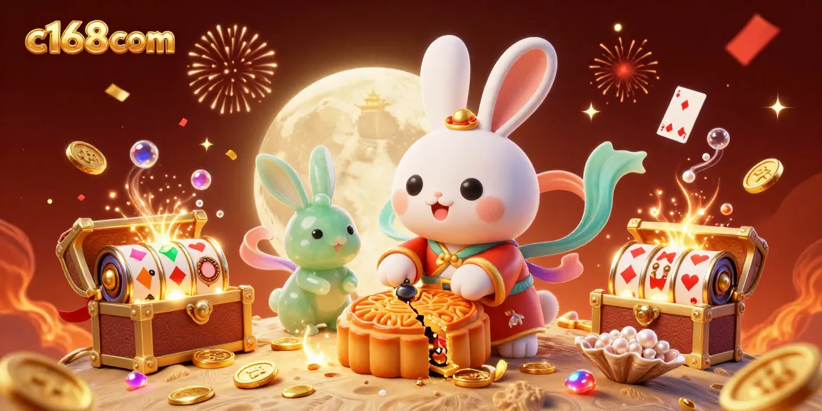 Engage in thrilling gameplay with c168com's vibrant rabbit-themed casino scene featuring poker chips and gold treasures.