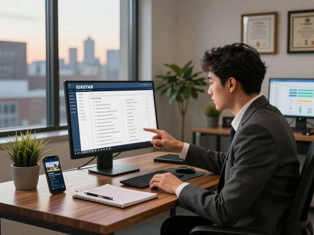Real estate agent using IDXSTAR software in a modern office setup.