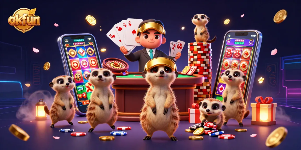 Experience the excitement of okfun with meerkats operating a colorful casino, complete with games and golden coins.