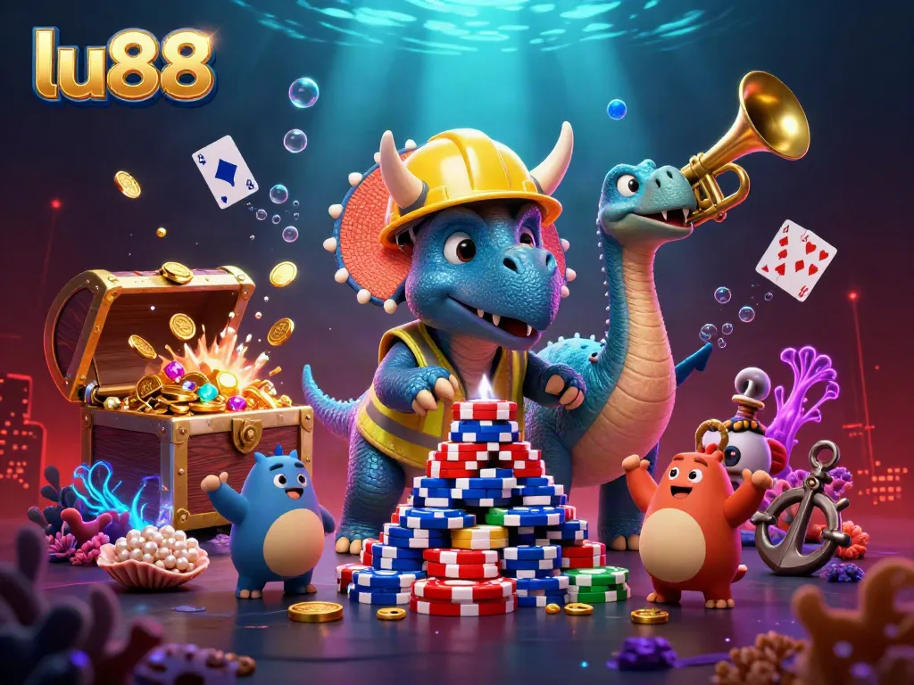 Experience the vibrant thrills of lu88 with a triceratops building poker chips, surrounded by festive game elements.