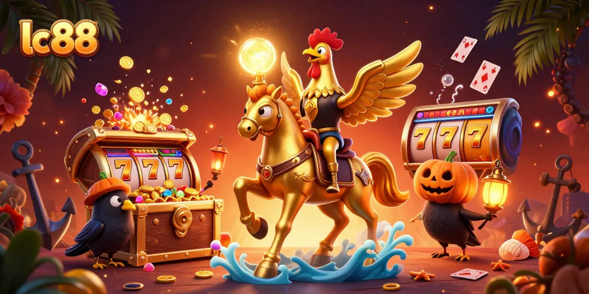 Win big at lc 88 with a vibrant scene showcasing golden rooster characters amidst exploding treasure chests and slot reels.