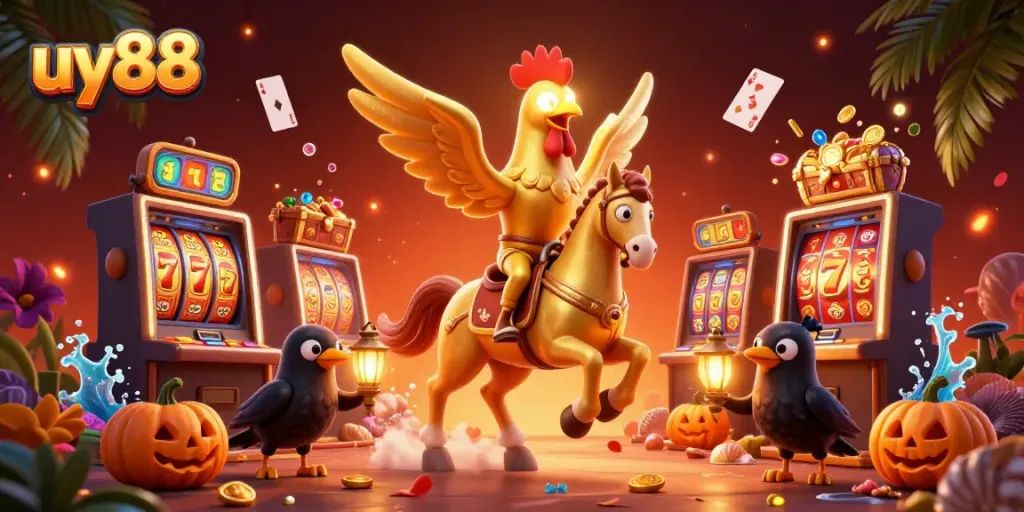 Experience the excitement of uy88 with a golden rooster and dynamic casino elements in an enchanting 3D illustration.