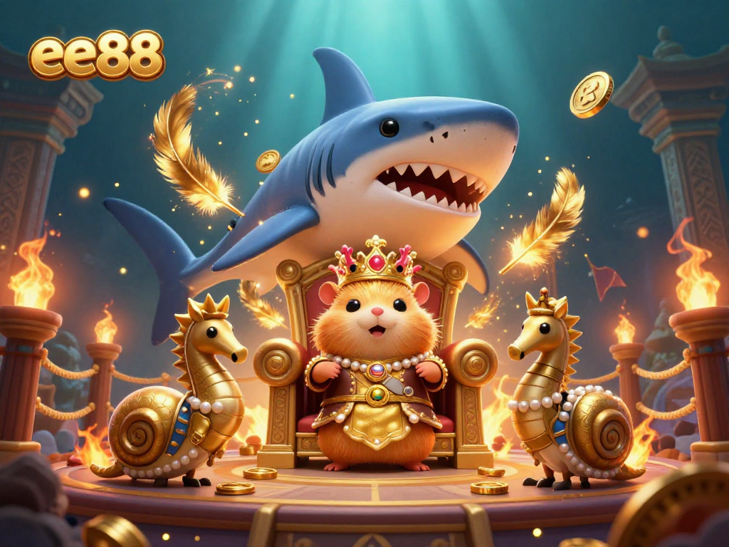 Experience thrilling gameplay with ee88 featuring a royal hamster and seahorse guards in an underwater casino.