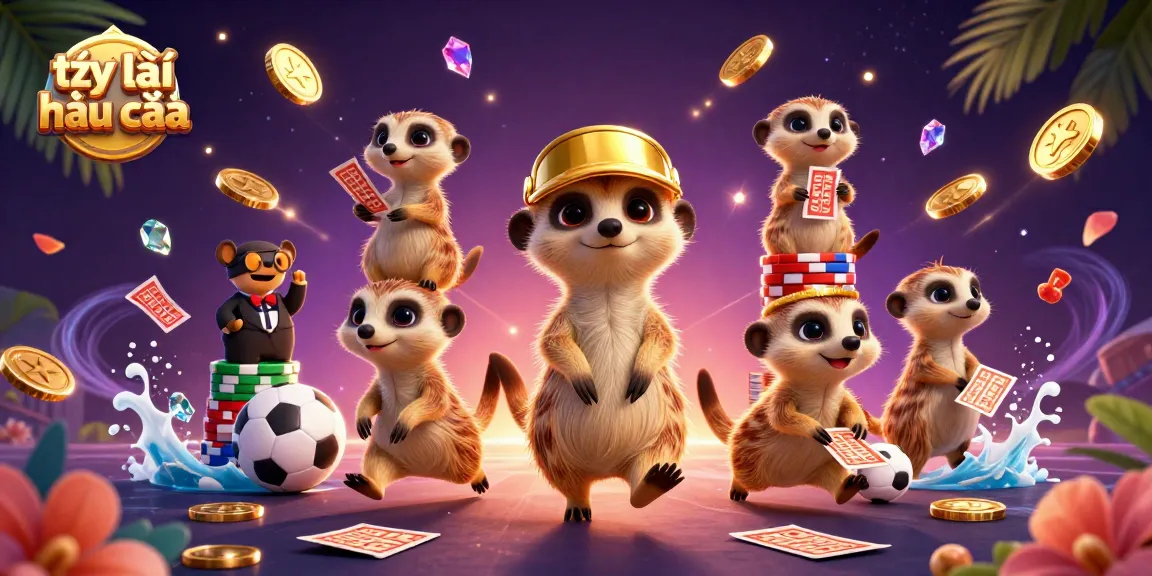Betting slip movement and meerkats in a lively casino scene showcasing tỷ lệ nhà cái with dynamic elements.