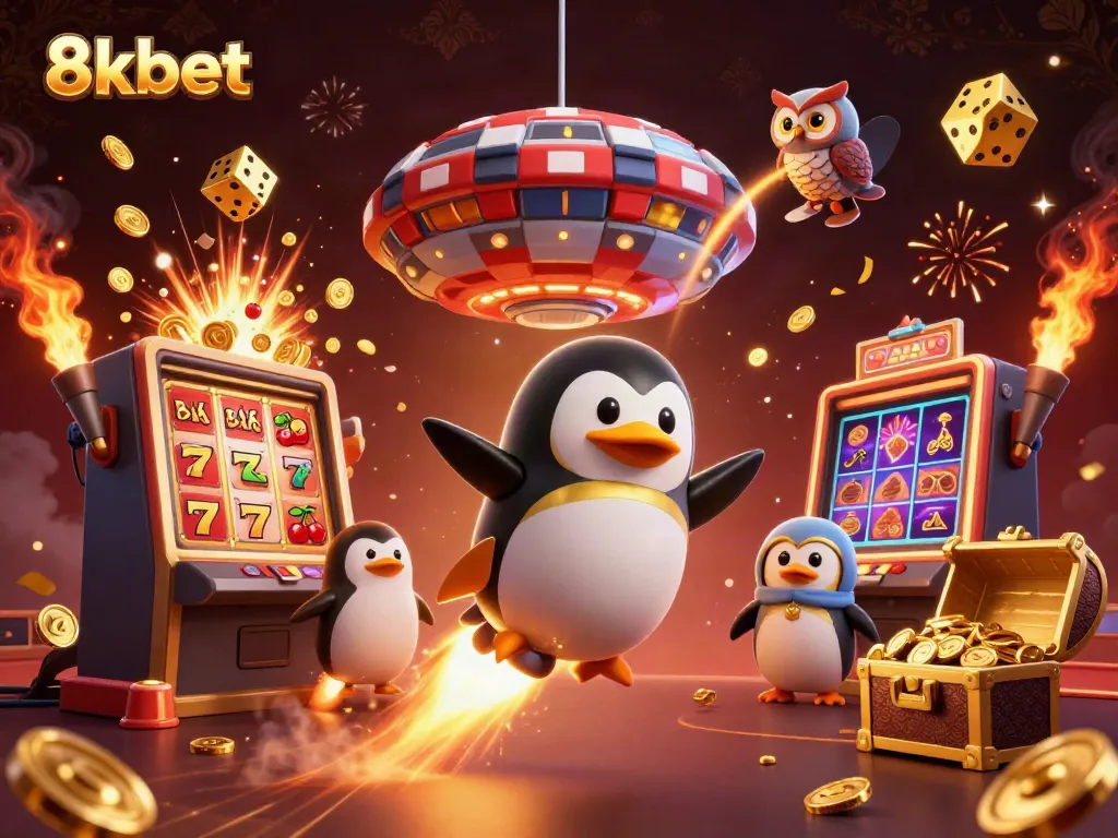 Experience thrilling wins at 8xbet with a golden penguin rocket and vibrant casino elements.