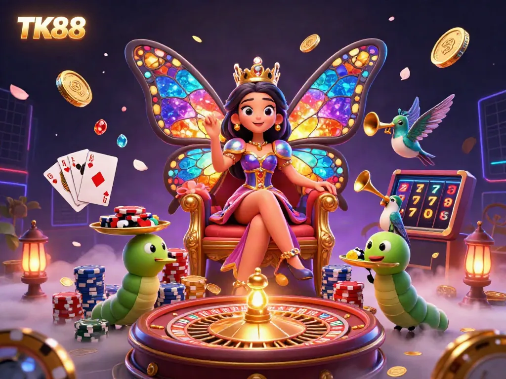 Experience the vibrant energy of TK88 with a 3D illustration showcasing a butterfly queen and casino elements.