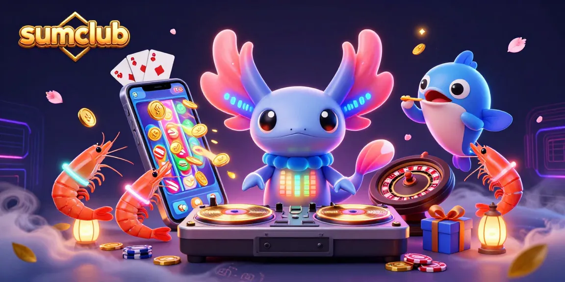 Engage with sumclub's vibrant gaming experience featuring dynamic characters in a casino-themed illustration.