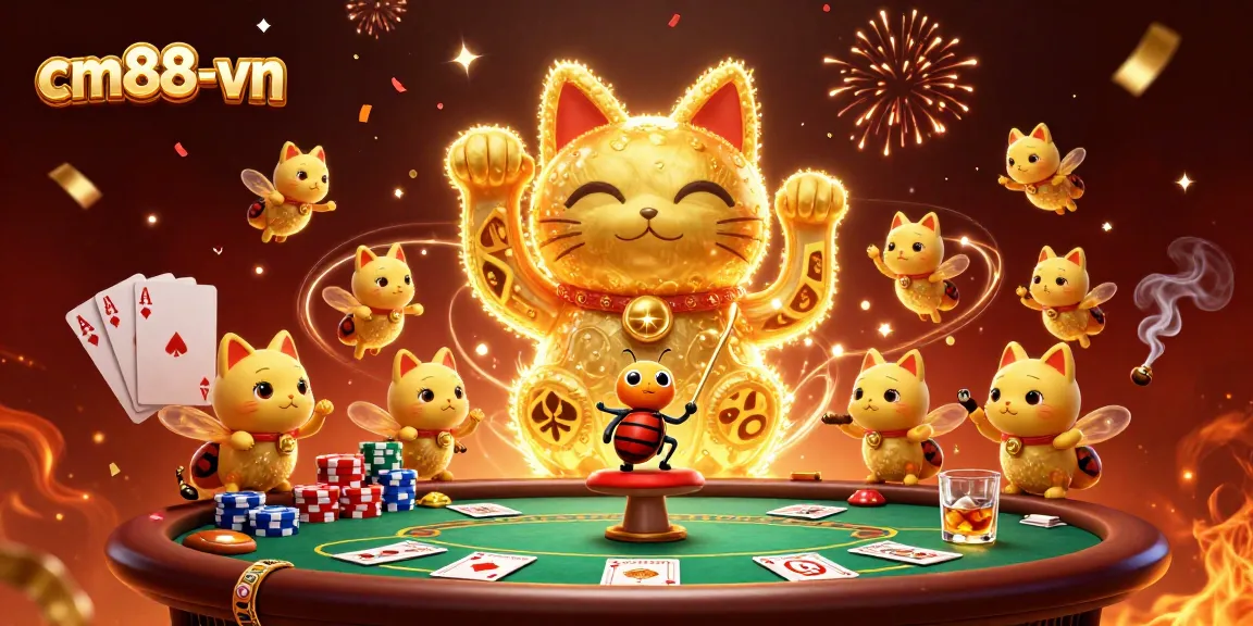 Experience exciting games at cm88-vn with a dynamic lucky cat and vibrant casino symbols.