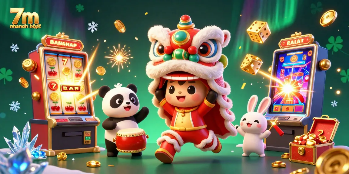 Experience the thrilling action of 7m nhanh nhất with vibrant casino characters and dynamic game elements exploding in a festive scene.