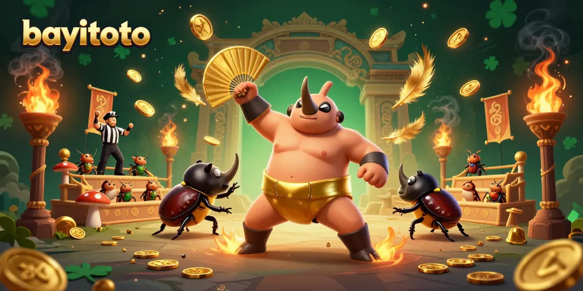 Bayitoto online betting features a dynamic 3D beetle champion amidst swirling coins and gaming elements.