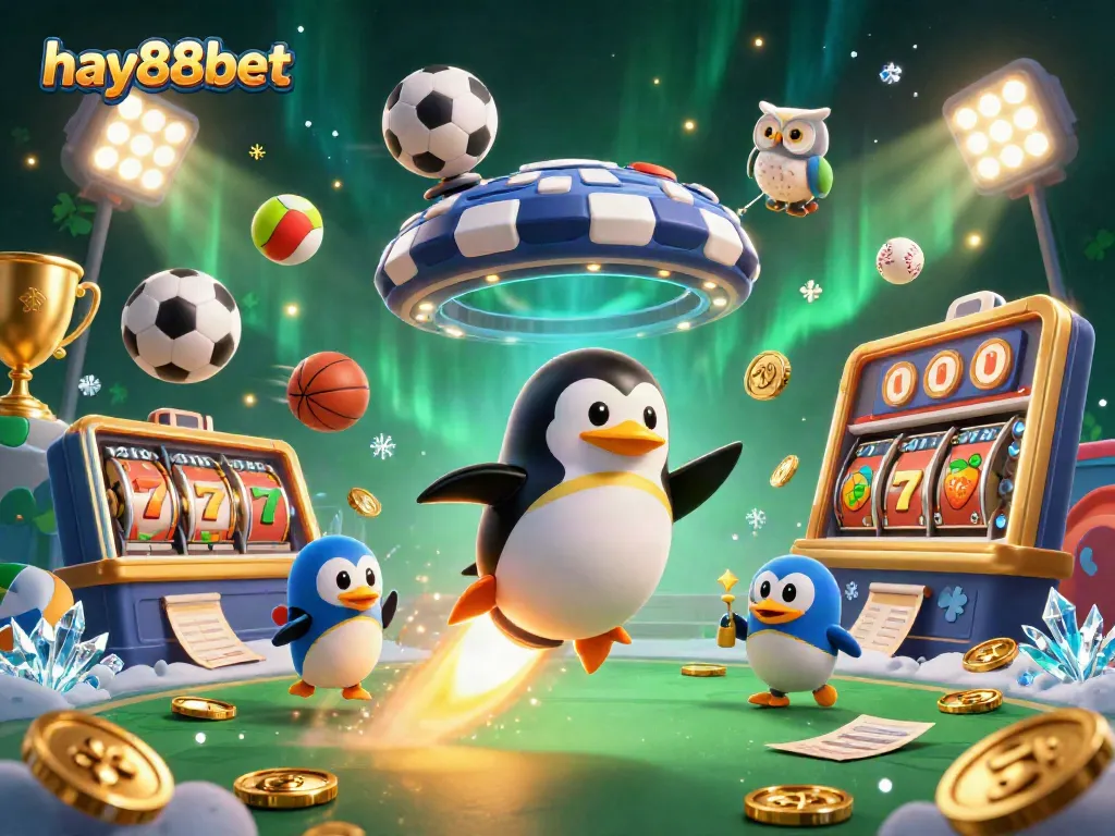 Experience the thrill of hay88bet with a 3D penguin blasting towards a casino in space.