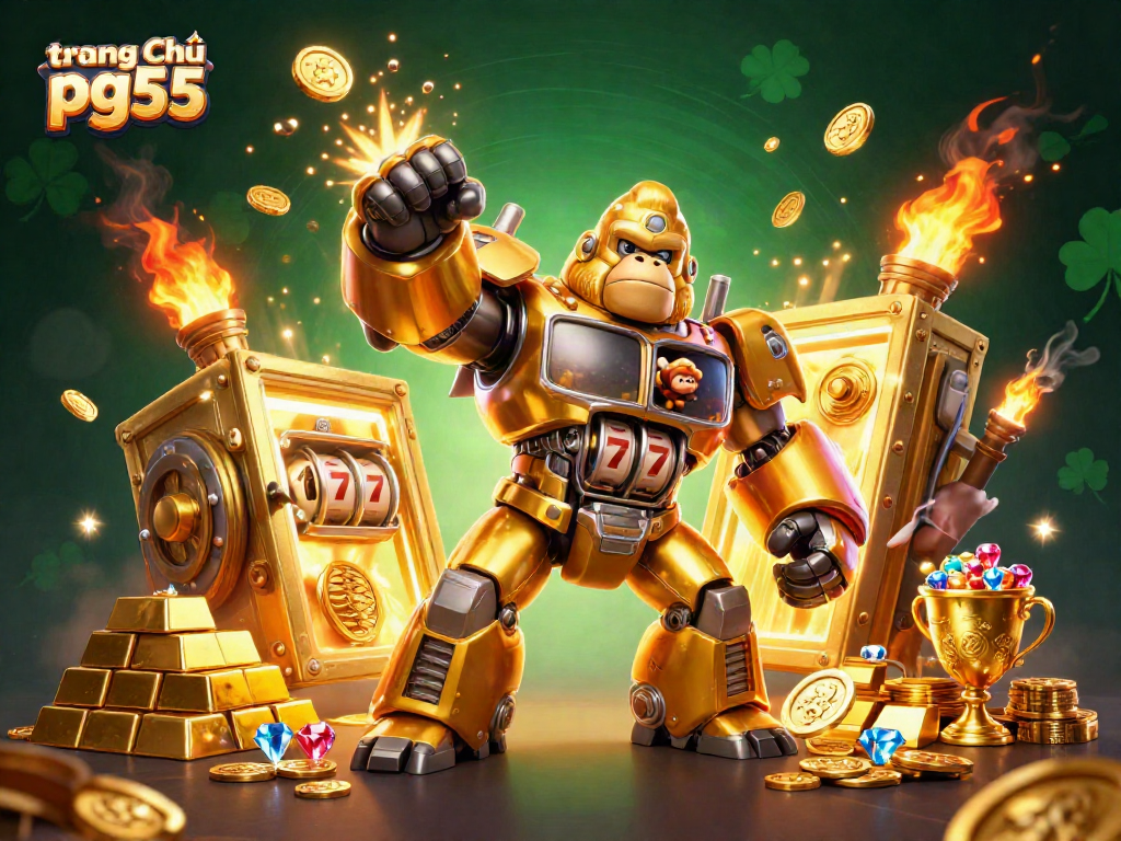 Experience the thrill at trang chủ pg55 with a golden gorilla mech amidst a treasure explosion.