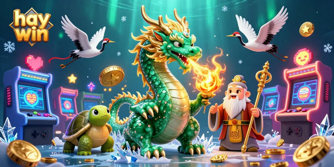 Experience the excitement of hay win through a vibrant 3D illustration featuring a jade dragon and casino elements.