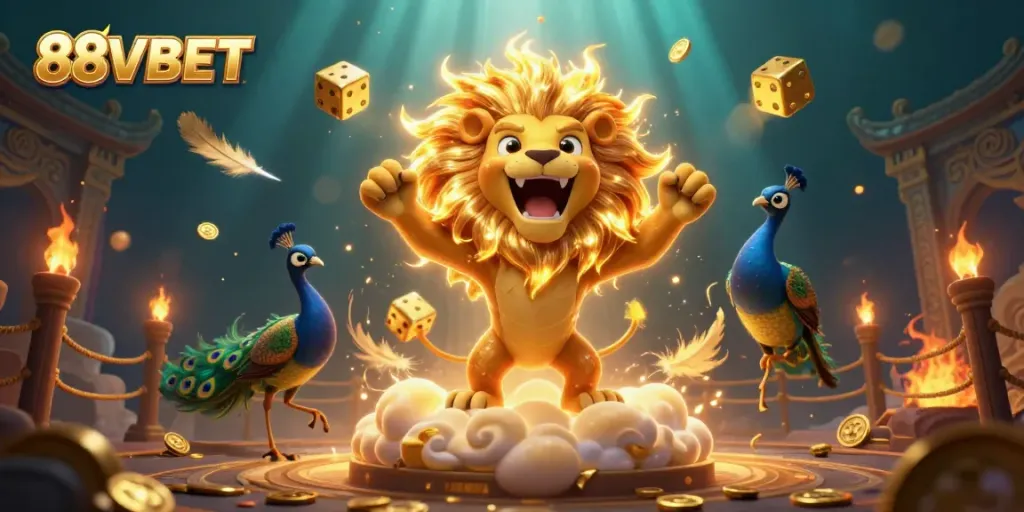 Experience the excitement of 88VBET with a dynamic scene featuring a roaring sun lion and golden dice.