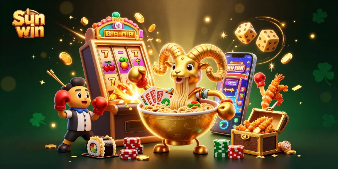 Sun win illustration showcasing a vibrant 3D casino scene with lively characters and jackpots.