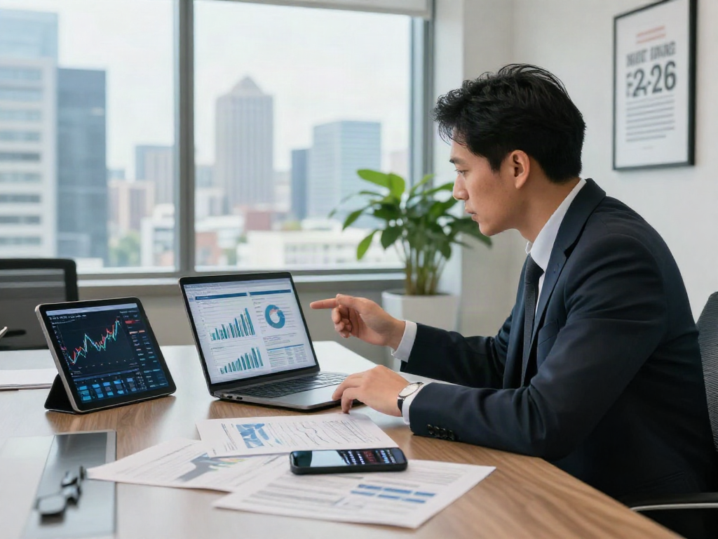 Business consultant analyzing charts for deposit 10k investment opportunities in a professional office.