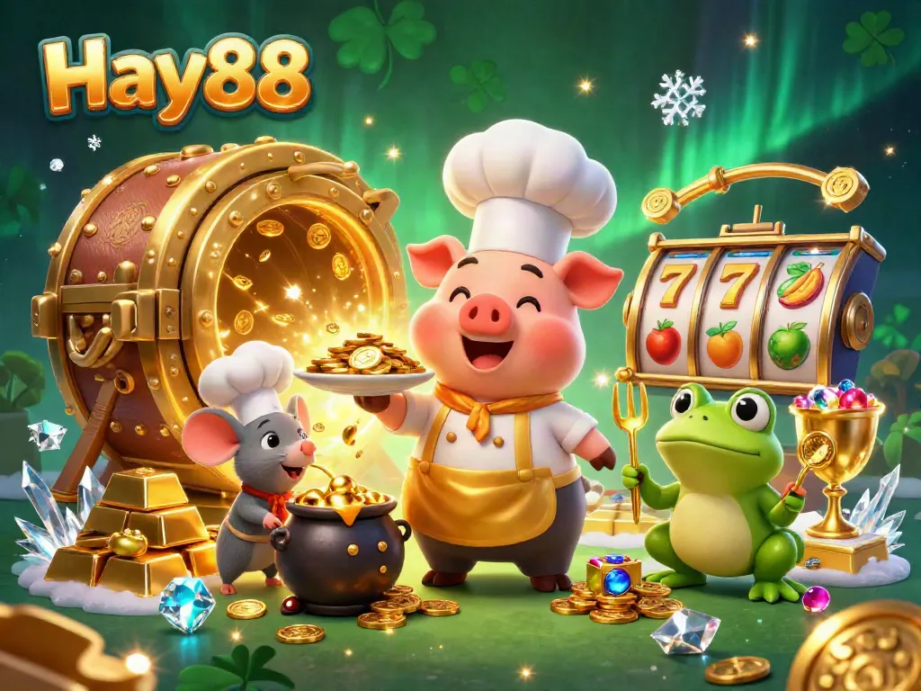 Experience thrilling gameplay at Hay88 with a chef pig serving gold coins, showcasing casino excitement.