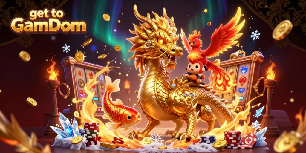 Exciting scene showcasing a fierce dragon and phoenix that invites players to get to GamDom for thrilling casino experiences.
