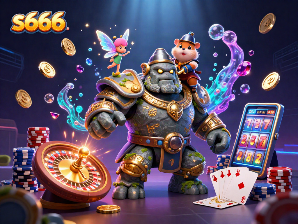 Experience the magic of s666 with vibrant characters and casino elements in this epic 3D casino scene.