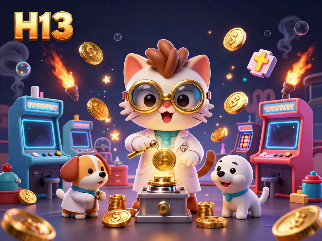Play exciting games on H13 with a dynamic 3D illustration featuring a mad scientist cat and casino elements.