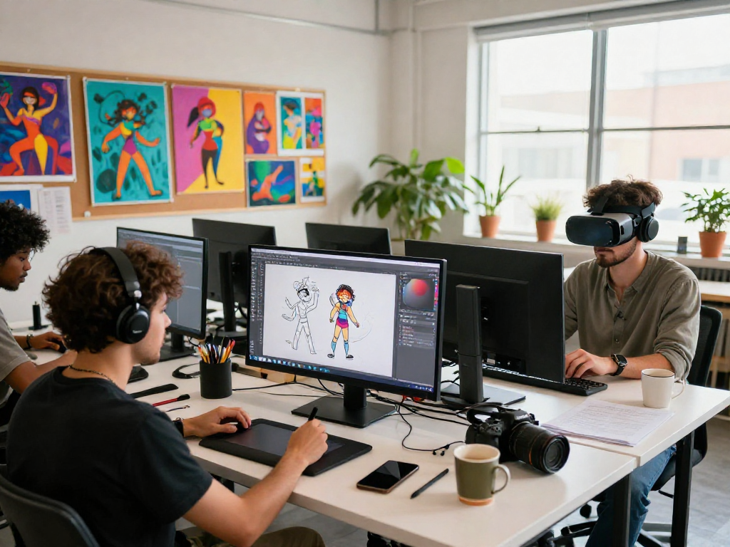 Creating digital NSFW ai art in vibrant studio with diverse artists