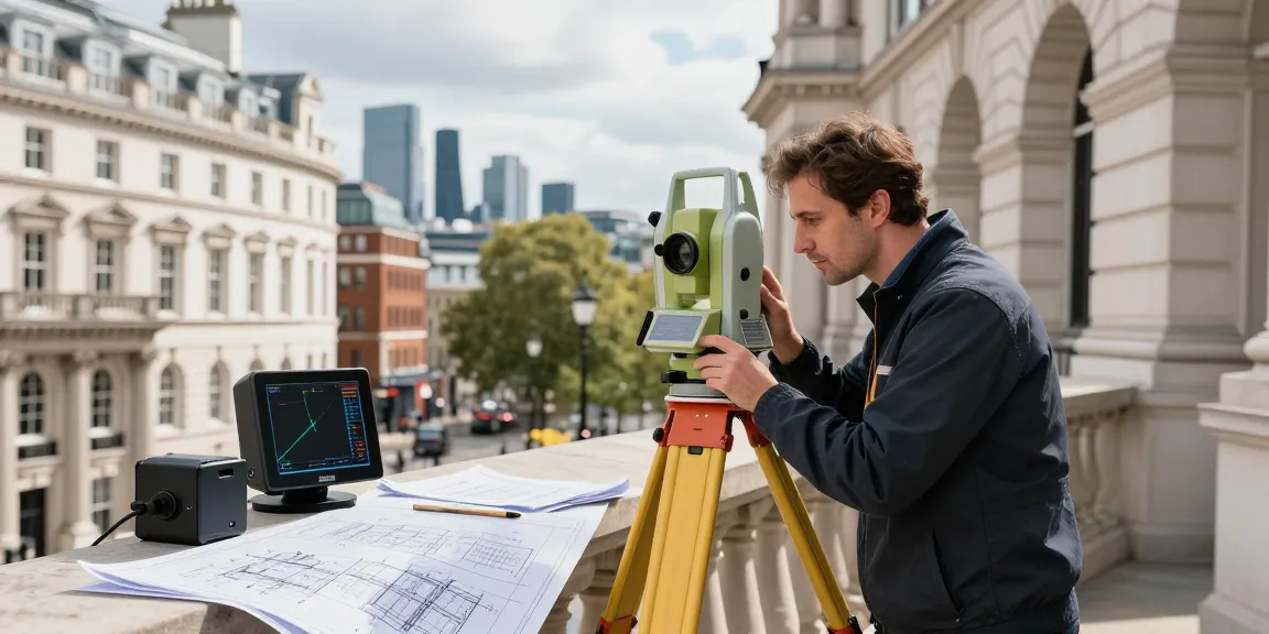 Measured Building Surveyors London conducting a detailed survey in an urban setting.