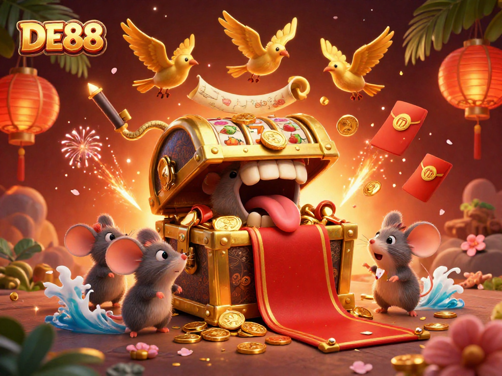 Experience thrilling casino action with DE88, featuring a treasure chest mimic and vibrant gaming elements.