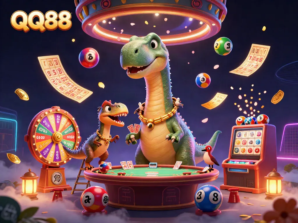 Experience the excitement of QQ88 with a vibrant casino scene filled with games, cards, and animated elements.
