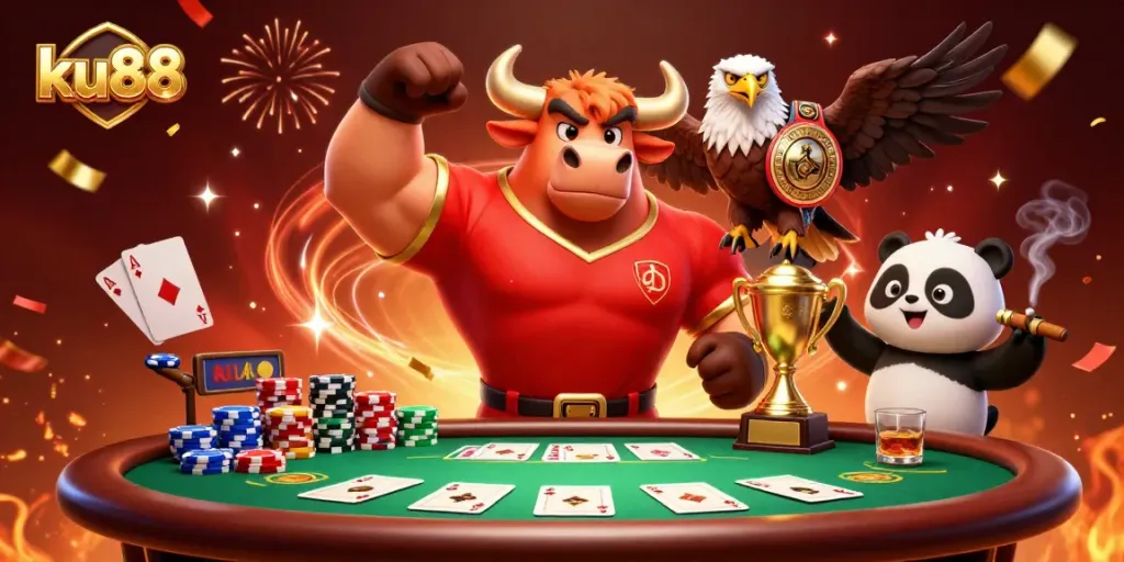 Join the excitement at ku88 as a bull mascot celebrates with poker elements and a panda trophy in a vibrant casino scene.