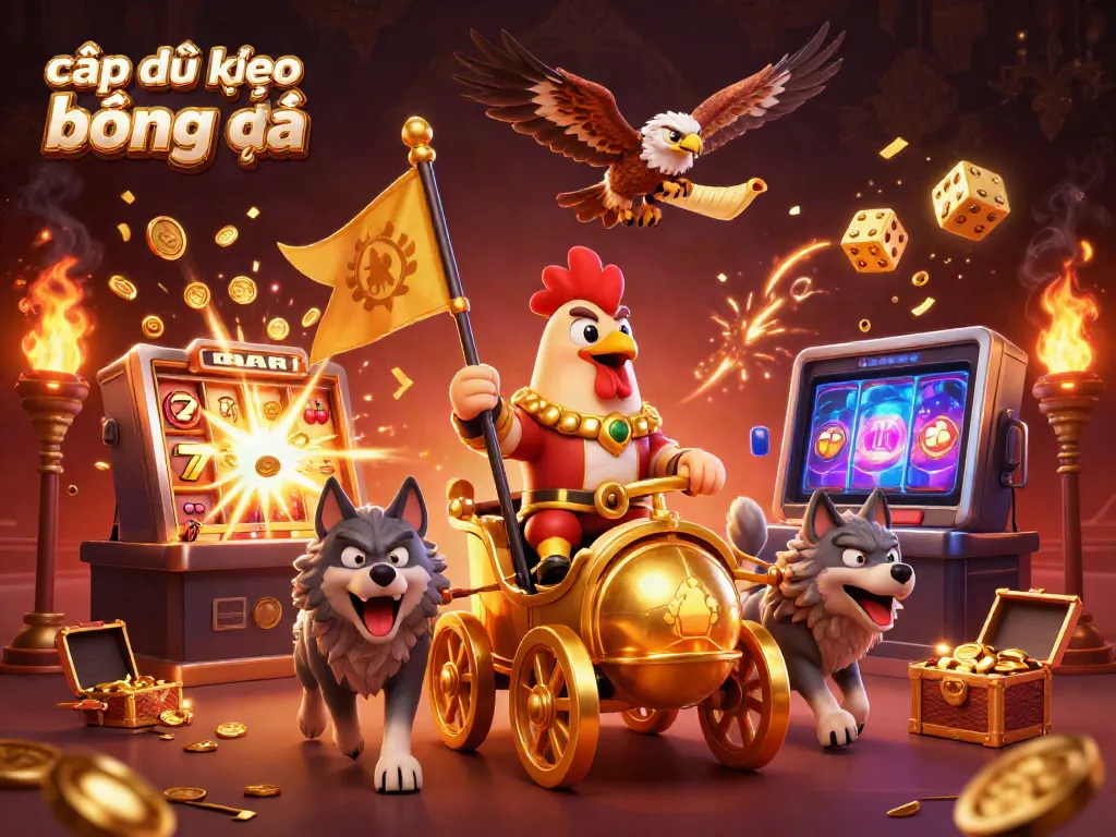 Exciting update on kèo bóng đá with a dynamic scene of a rooster warlord and gambling elements.