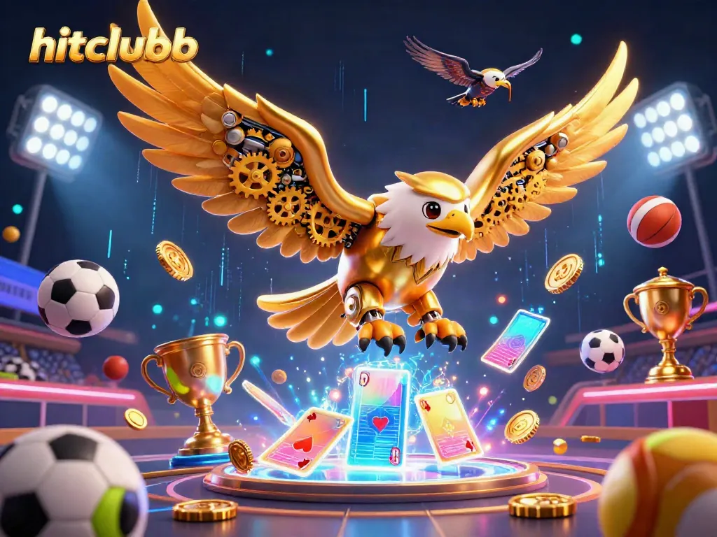 Experience the thrill of hitclubb with cybernetic eagle soaring through holographic cards, dynamic sports elements, and vibrant casino imagery.