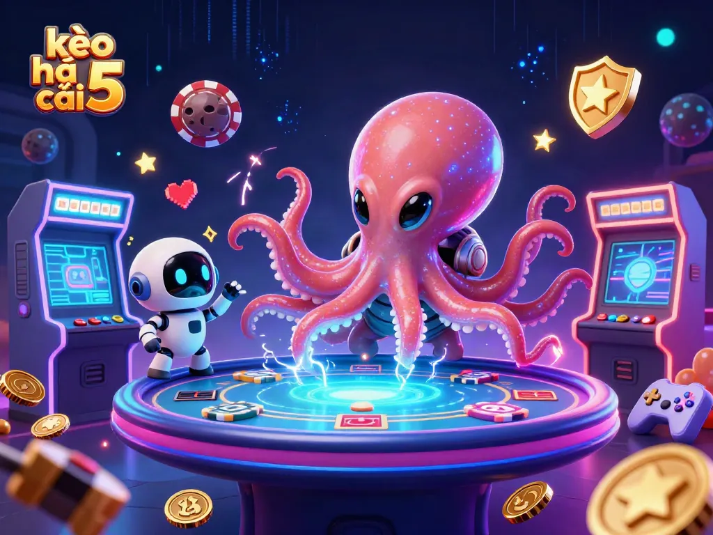 Engage with kèo nhà cái 5 at an intergalactic poker table surrounded by vibrant casino elements.