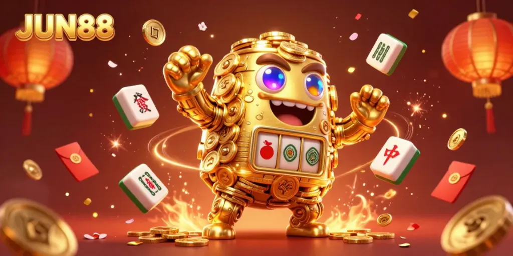 Experience thrilling moments at JUN88 casino with dynamic golden golem surrounded by glowing symbols and festive elements.
