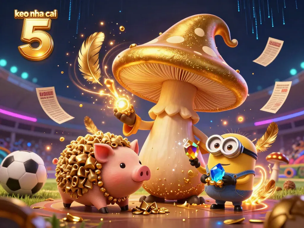 Bettors explore keo nha cai 5 with a magical golden wizard, truffle pig, and sports betting elements.